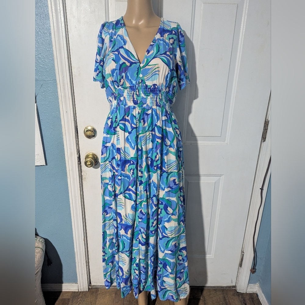 Abel De LebelFloral Blue and Green Maxi Dress
